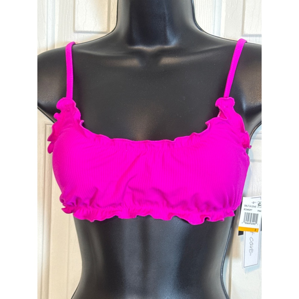 Salt & Cove Pink Bikini Top Ruffle Trim Ribbed Swimsuit Adjustable Straps S